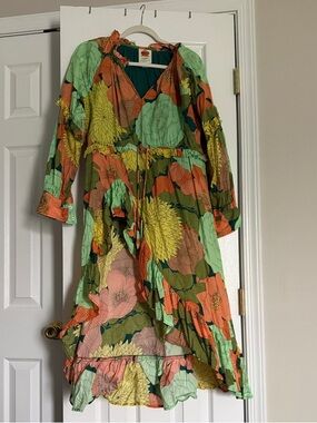 Vibrant Floral Ruffled V-Neck Maxi Dress - Green, Orange, Yellow Anthropologie